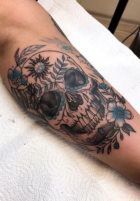 Blue Botanical Sugar Skull Forearm Tattoo Design