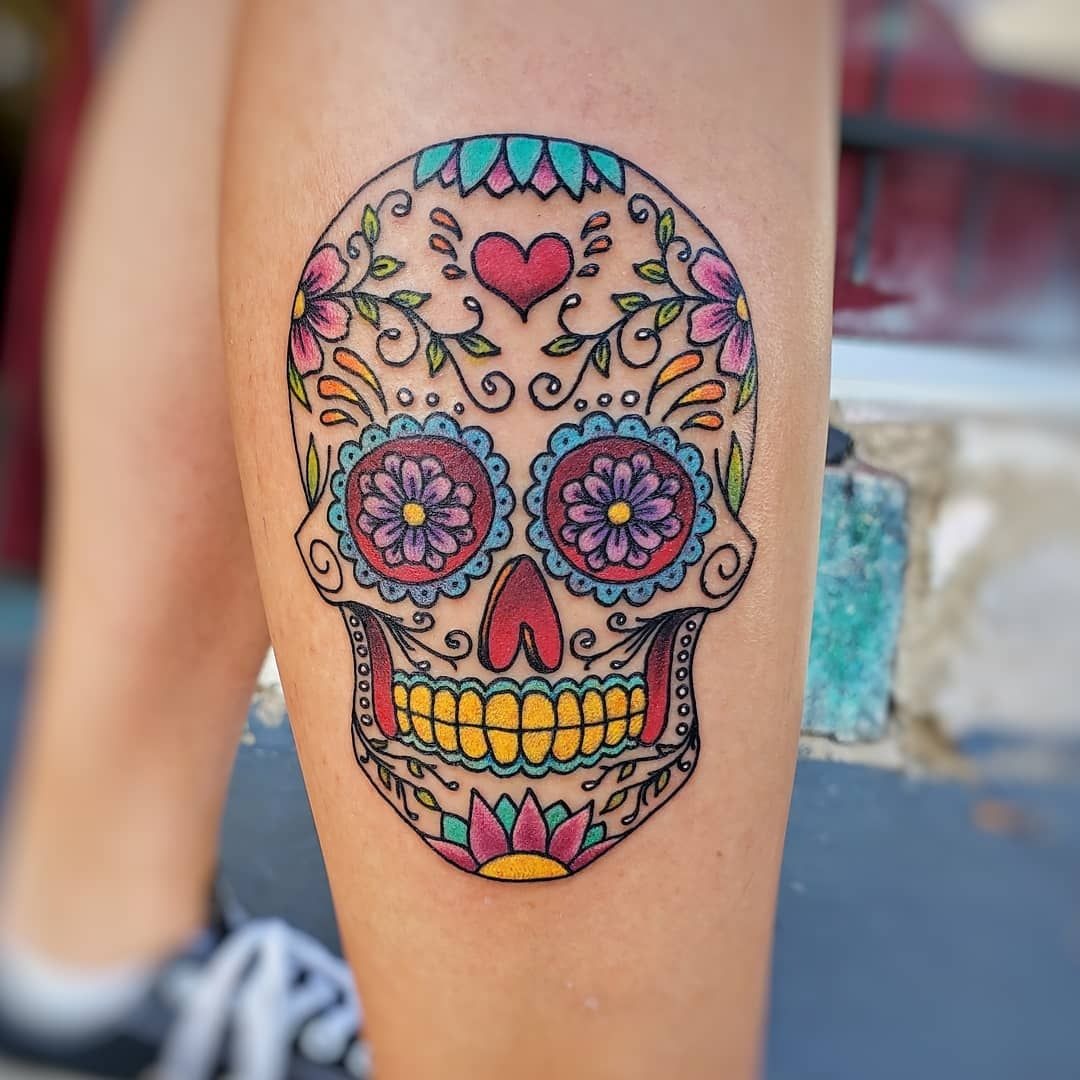 Bright Color Sugar Skull Calf Statement Tattoo Design
