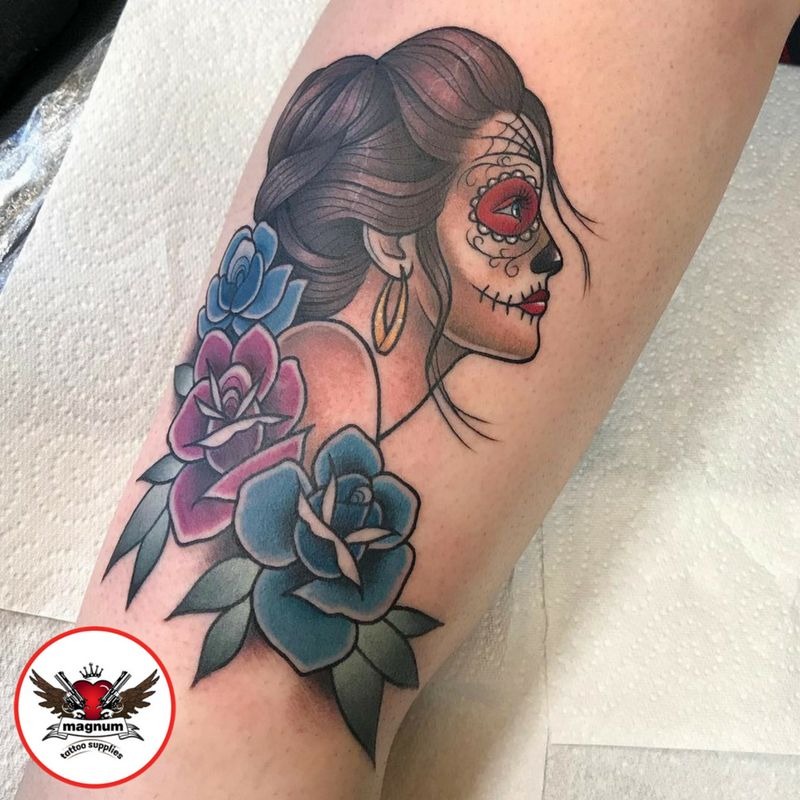 Color Day Of The Dead Woman With Blue Roses Tattoo Design