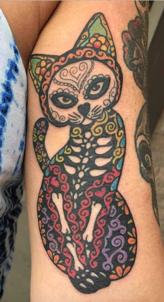 Colorful Day Of The Dead Cat Tattoo Design