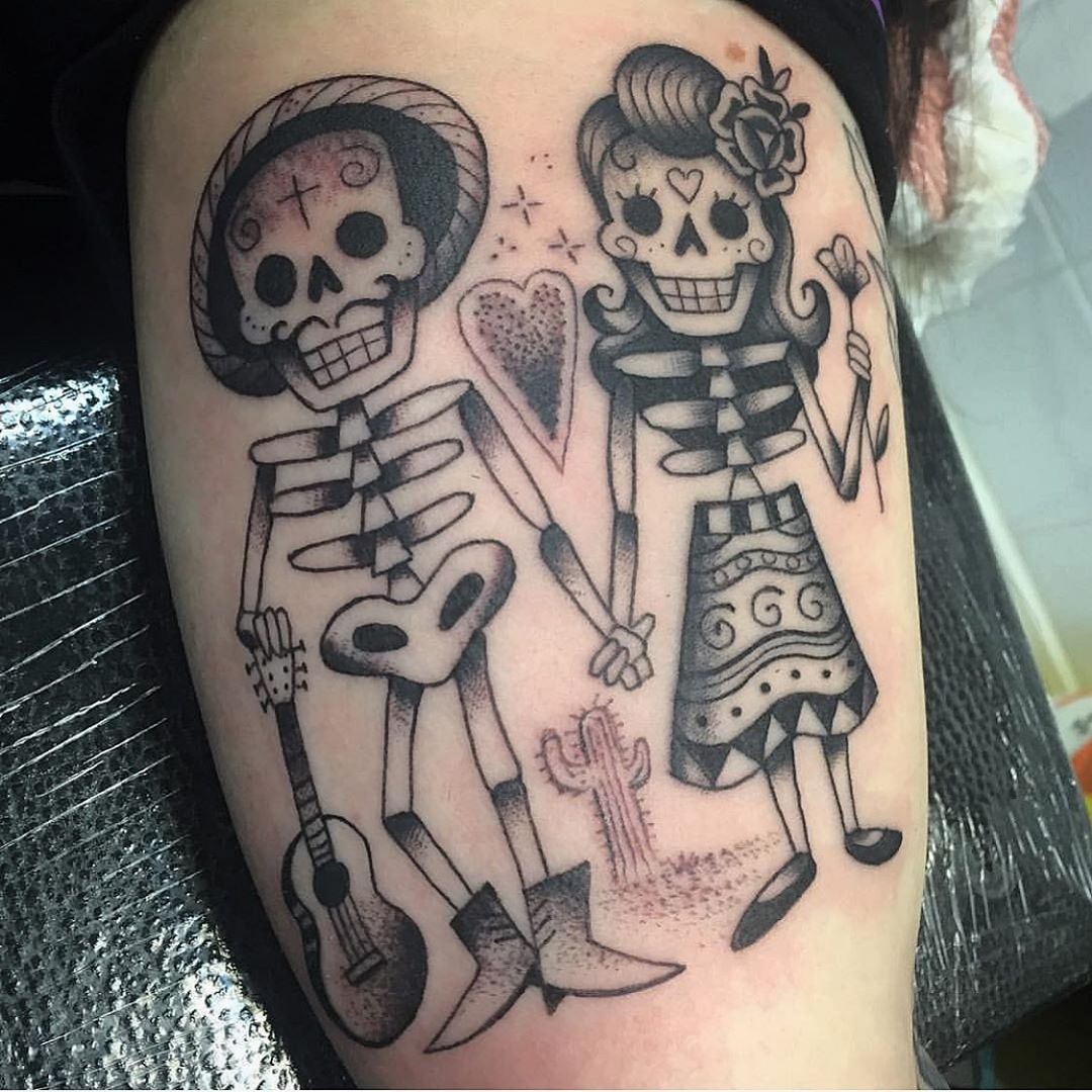 Cute Skeleton Couple Love Story Tattoo Design