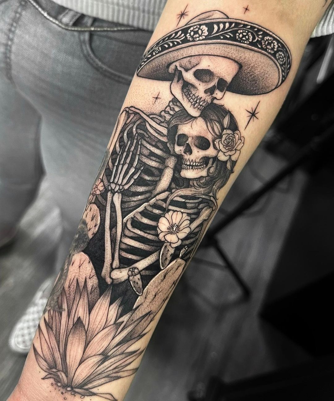 Dotwork Skeleton Couple With Sombrero Romance Tattoo Design