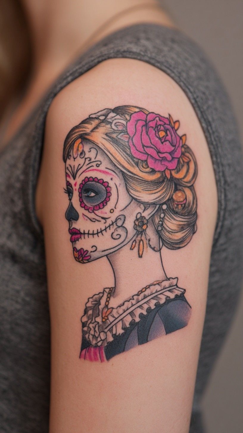 Elegant Sugar Skull Lady Profile With Pink Rose Tattoo Design
