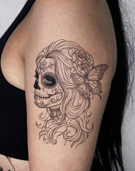 Fine-Line Sugar Skull Girl with Butterfly and Roses Tattoo Design