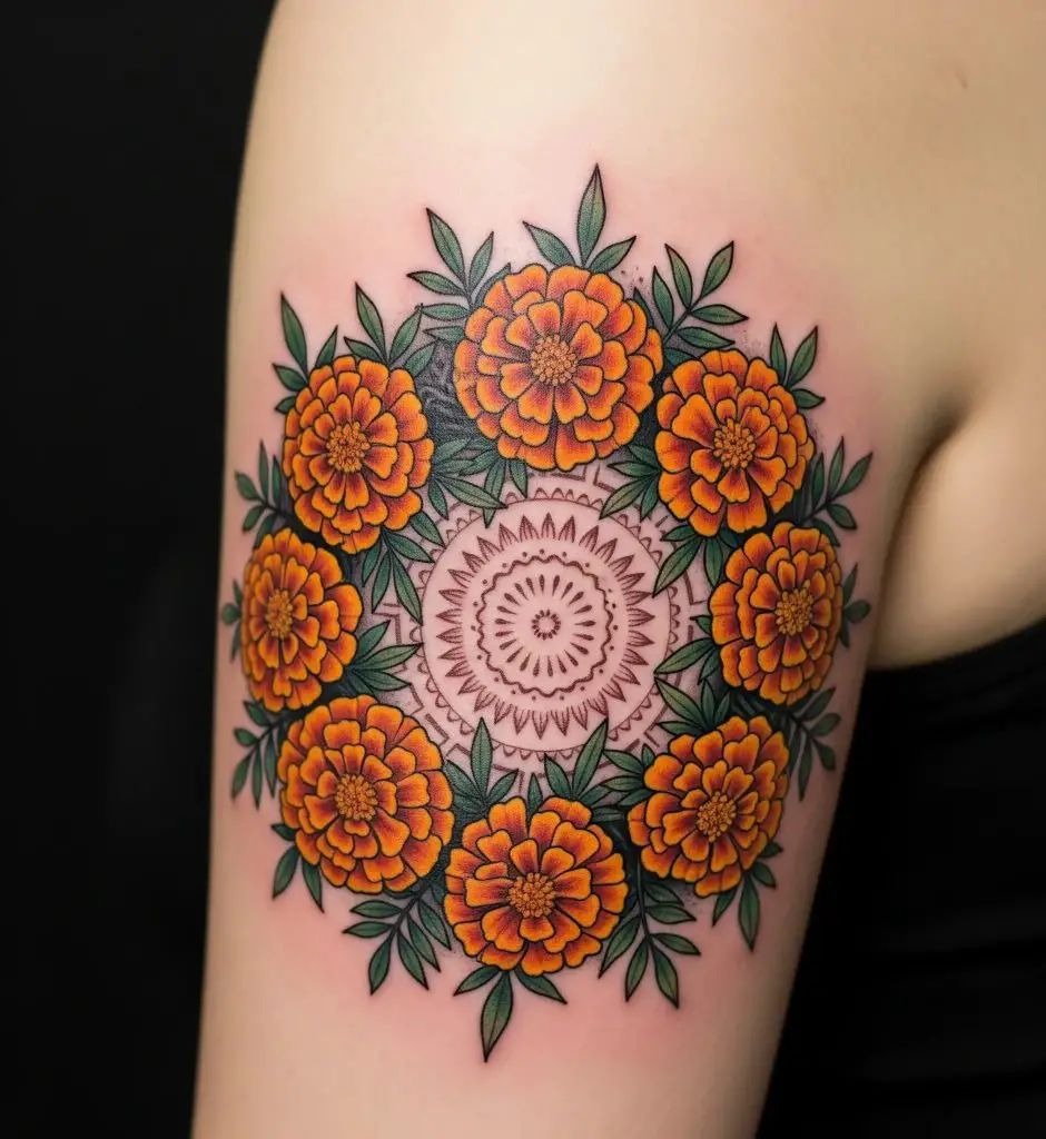 Marigold Mandala Circle Statement Tattoo Design
