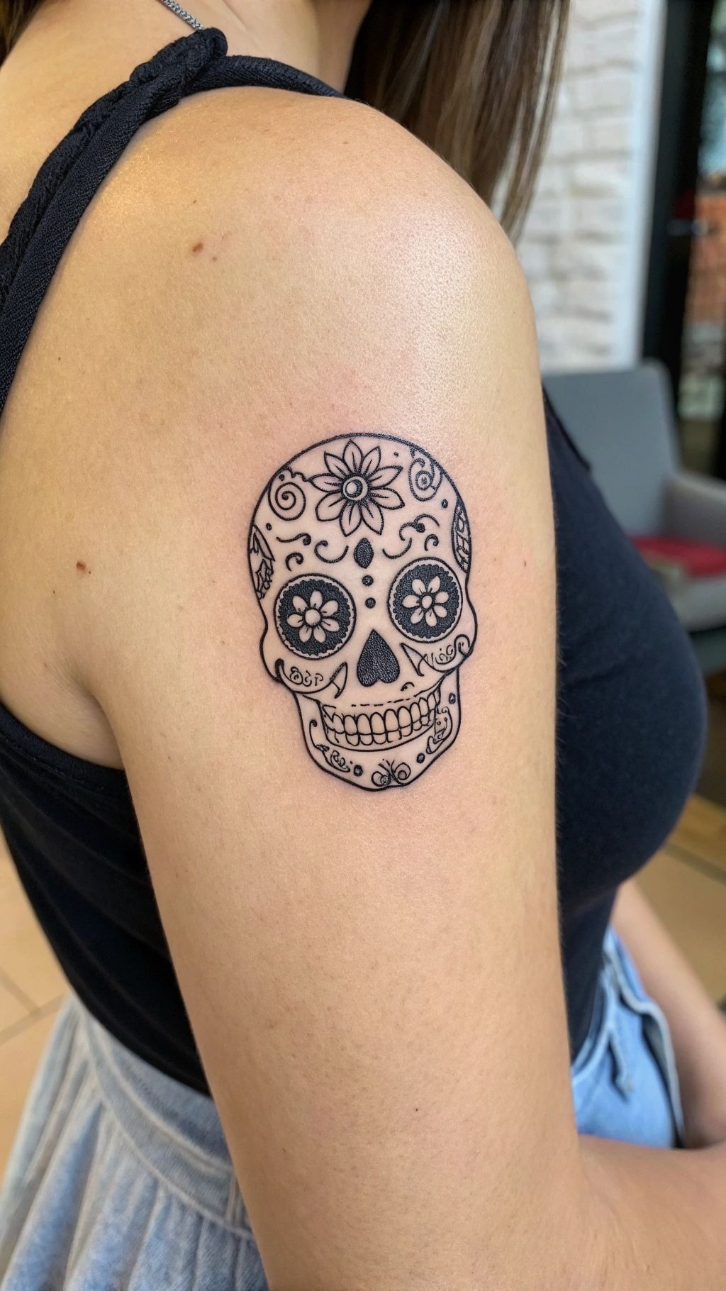 Minimal Fine Line Sugar Skull Badge Tattoo Design