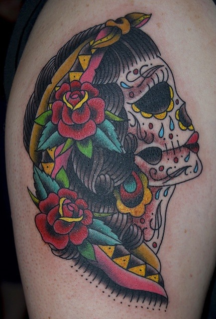 Neo-Traditional Catrina Profile with Roses Tattoo Design