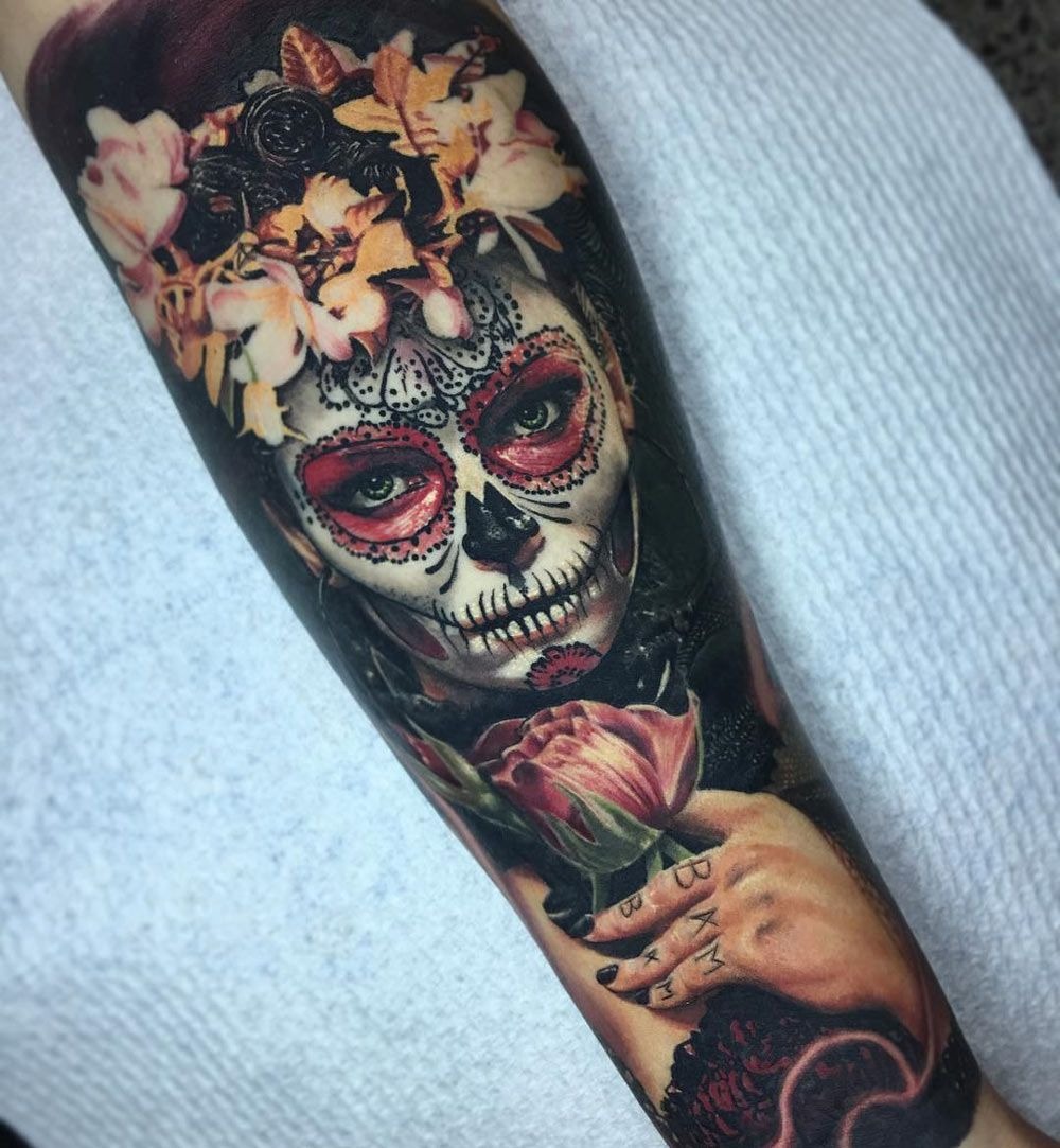 Realistic Sugar Skull Lady With Floral Crown Tattoo Design