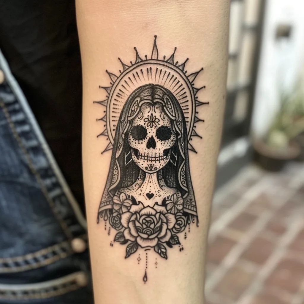 Sacred Sugar Skull Lady With Halo And Roses Tattoo Design