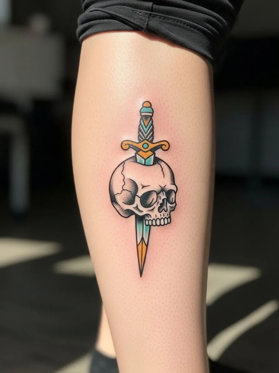 Skull And Dagger Traditional Flash Tattoo Design