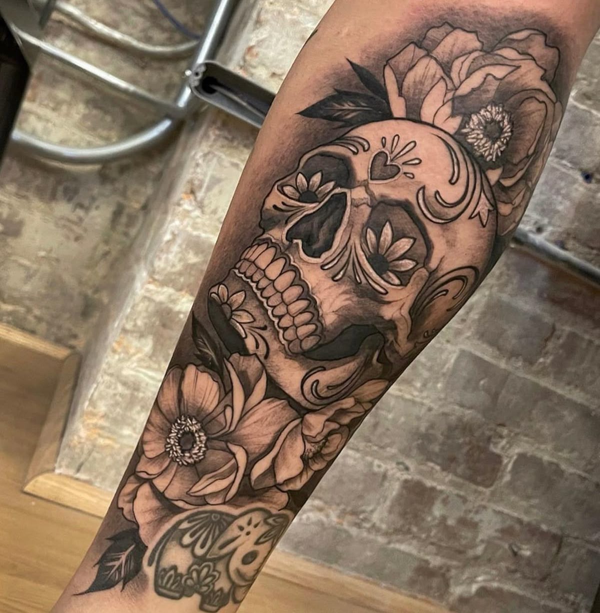 Soft Blackwork Sugar Skull With Wildflowers Tattoo Design