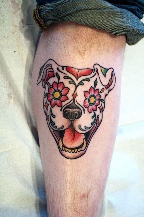 Sugar Skull Dog Face With Floral Eyes Tattoo Design