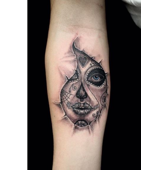 Torn-Skin Sugar Skull Illusion Portrait Tattoo Design