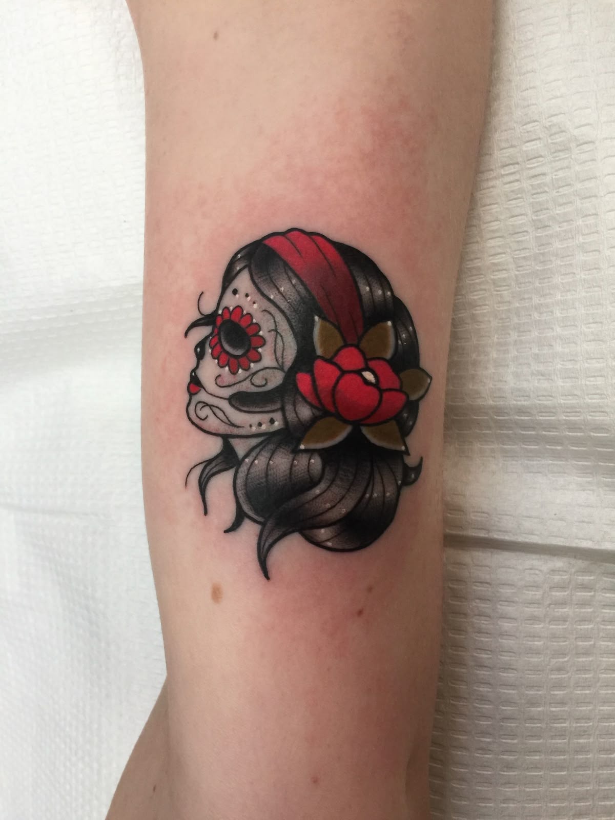 Traditional Day Of The Dead Girl Head With Red Flower Tattoo Design