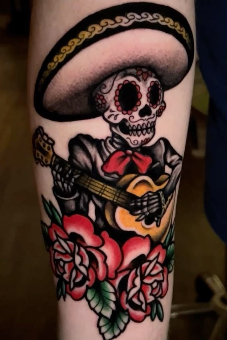 Traditional Mariachi Skeleton With Roses Tattoo Design