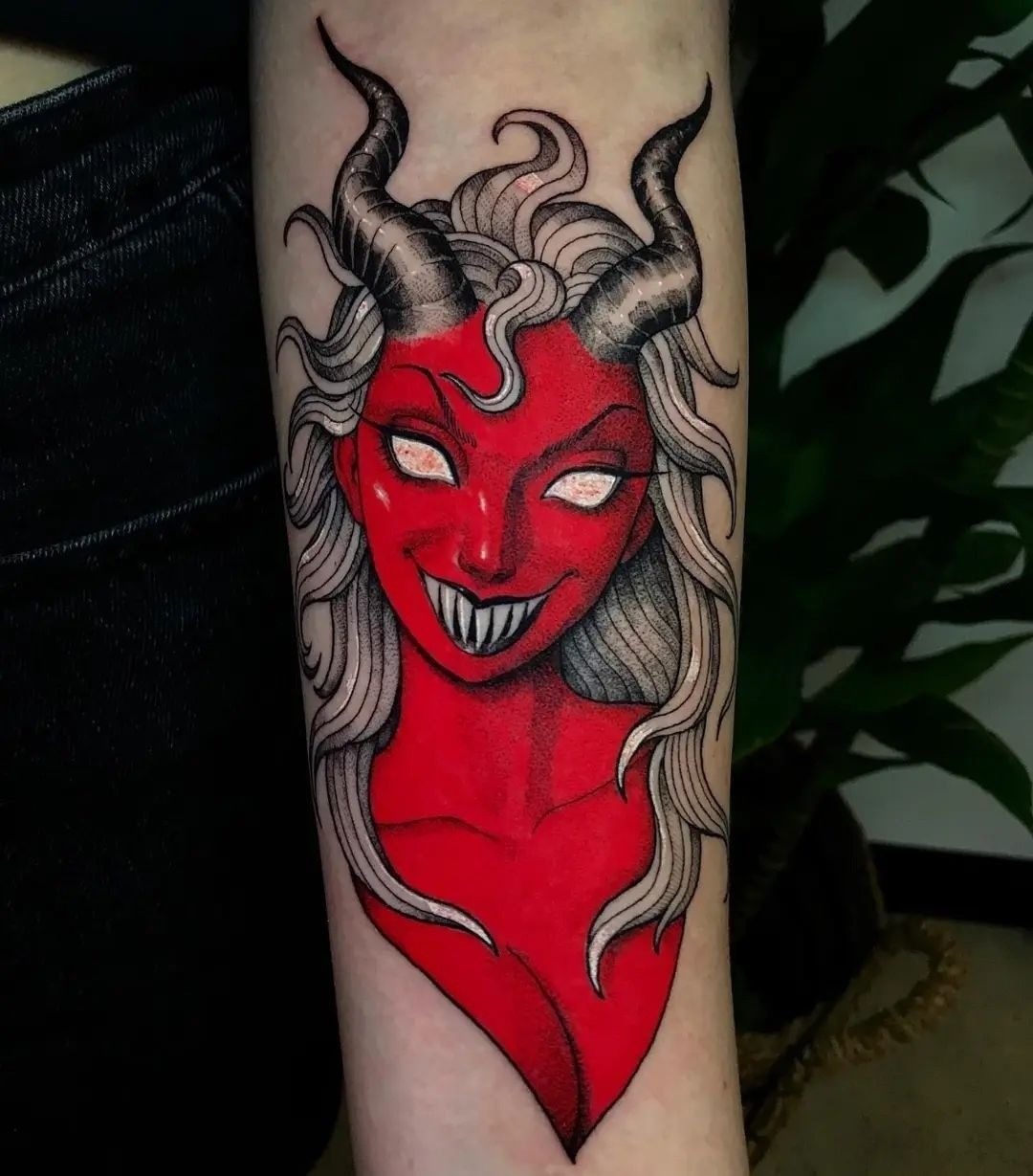 Fierce Oni-Inspired Devil Mask Tattoo Design