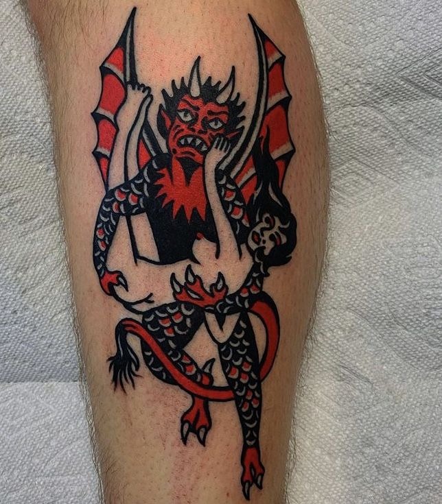Firelit She-Devil with Skull Tattoo Design
