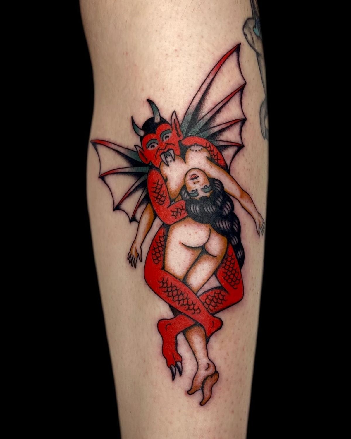Glam She-Devil with Flowing Hair Tattoo Design