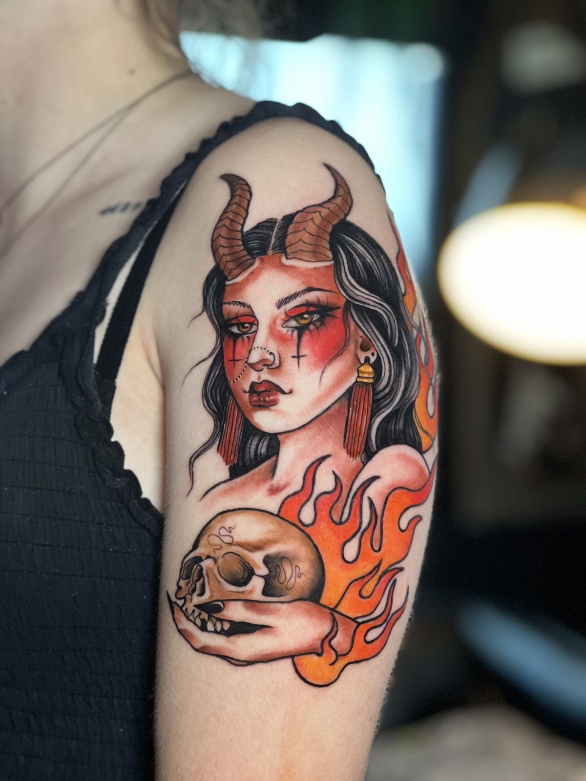 Minimal Red Devil Mask Portrait Tattoo Design