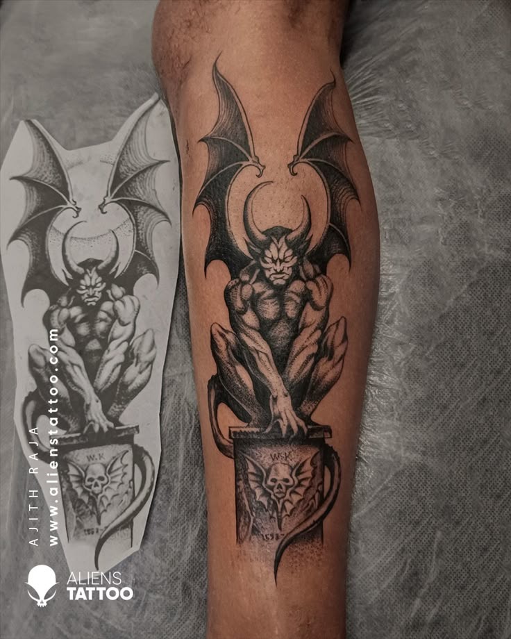 Split-Face Devil Mask Sleeve Piece Tattoo Design