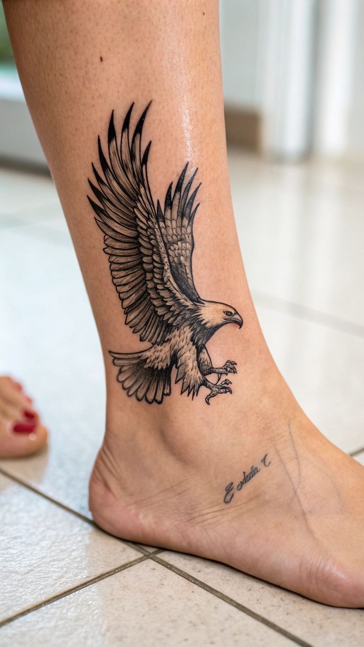 Ankle Eagle With Lifted Wings Tattoo Design