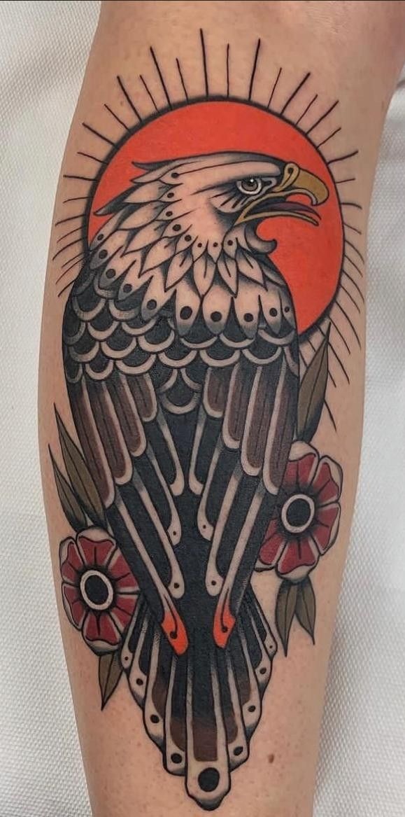 Colorful Eagle With Sun and Flowers Tattoo Design
