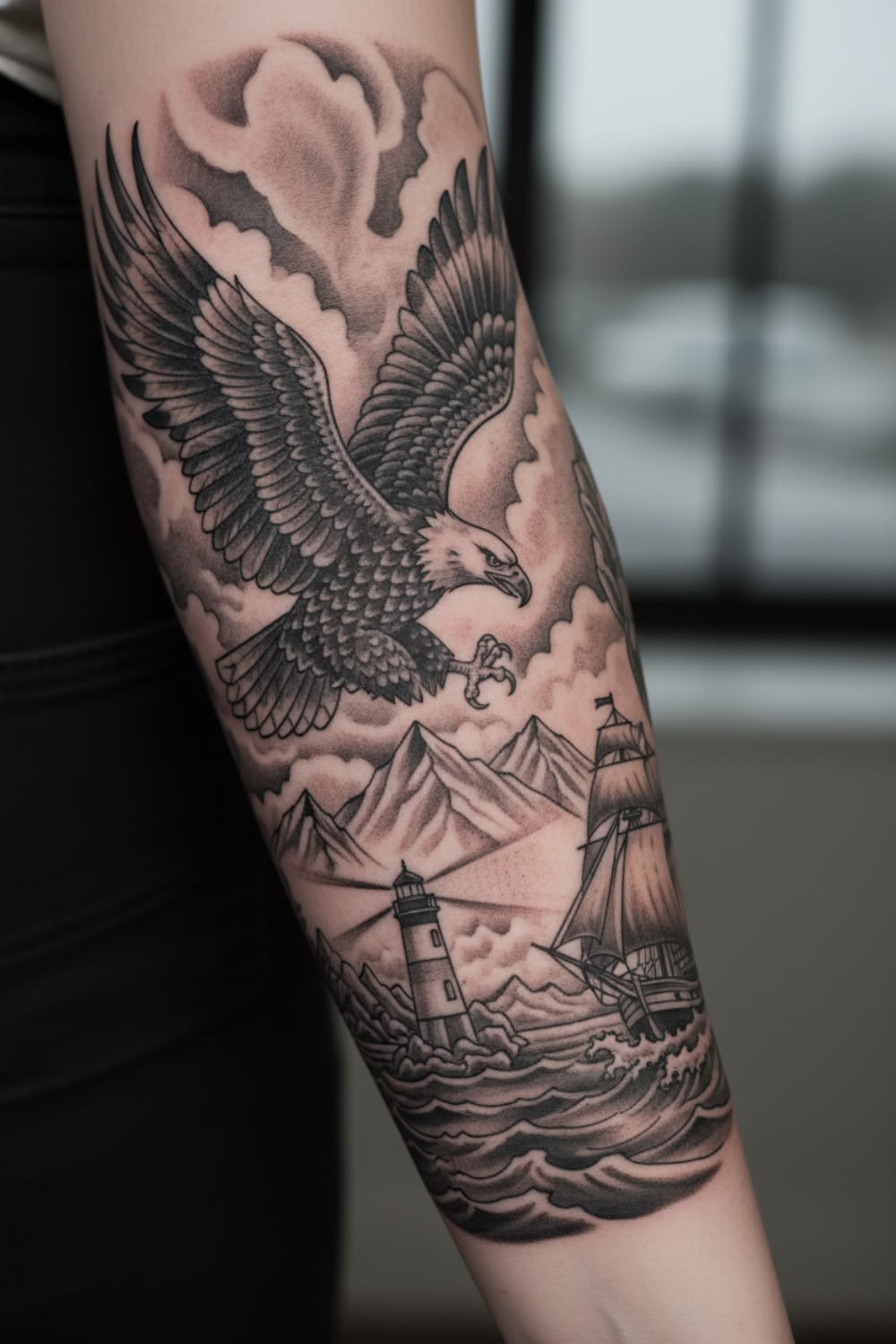 Eagle Scene With Mountains and Sea Tattoo Design