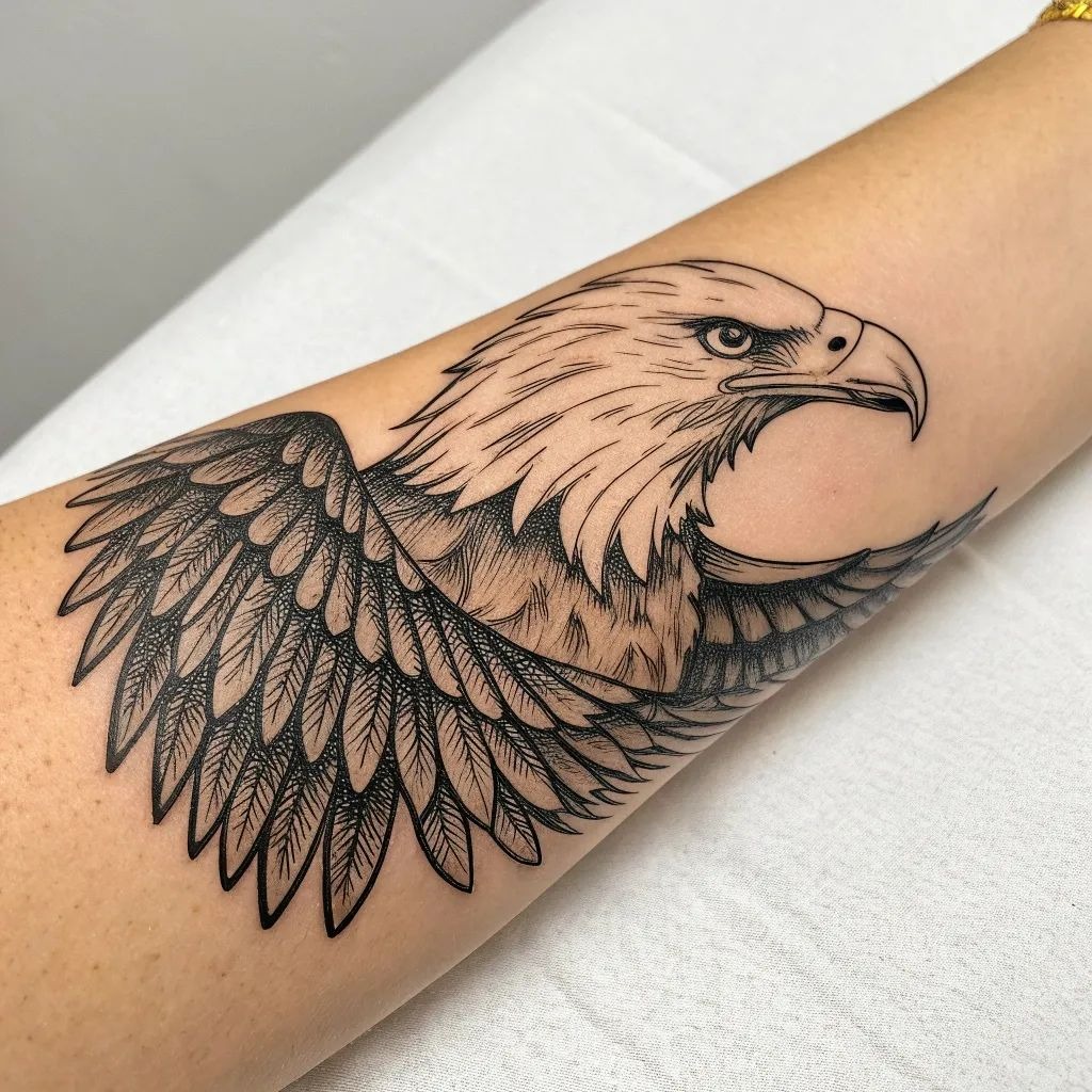 Wide Eagle Head and Wing Composition Tattoo Design