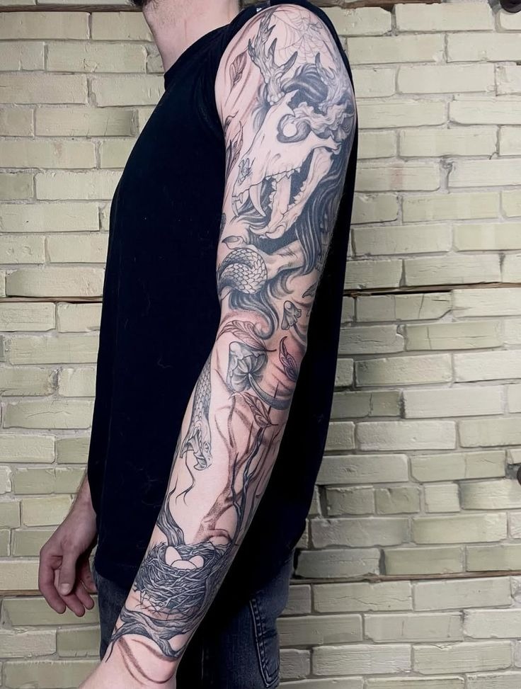Animal Skull and Nature Sleeve Tattoo Design