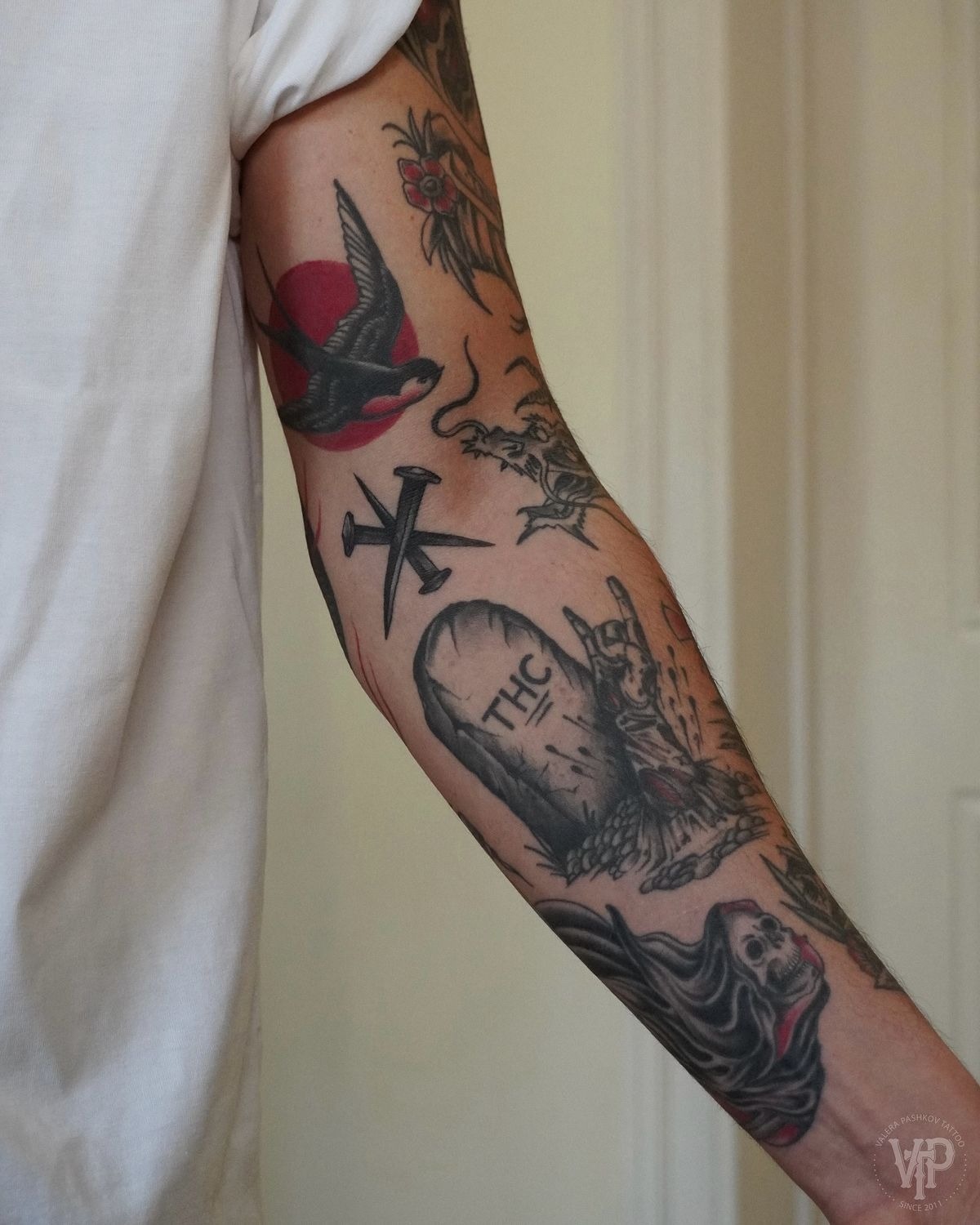 Eclectic Traditional Patchwork Sleeve Tattoo Design