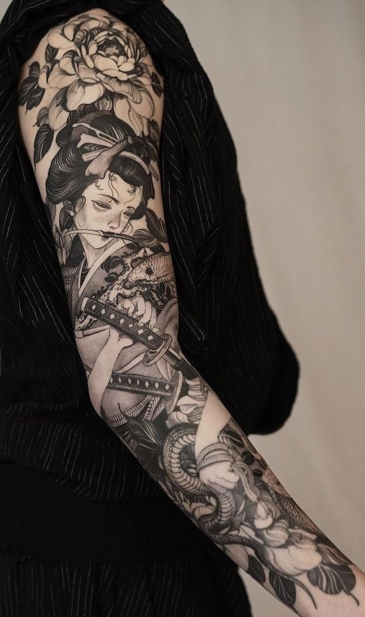 Geisha and Snake Japanese Artwork Tattoo Design