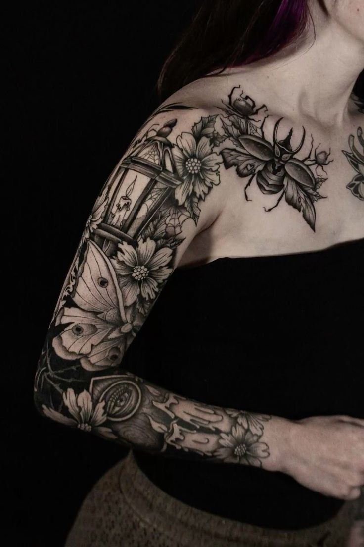 Gothic Nature and Insect Sleeve Tattoo Design
