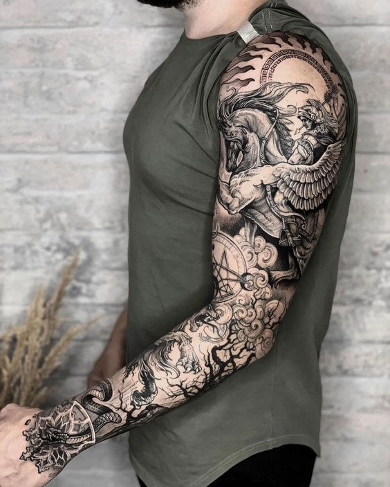 Greek Mythology Pegasus Battle Scene Tattoo Design