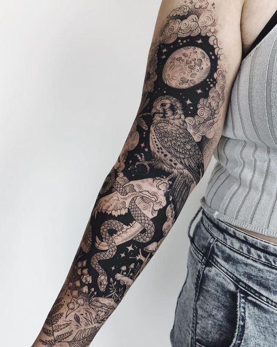 Moonlit Owl and Snake Sleeve Tattoo Design