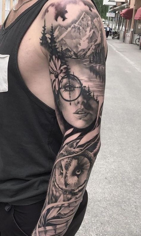 Nature-Inspired Full Sleeve with Portrait and Owl Tattoo Design