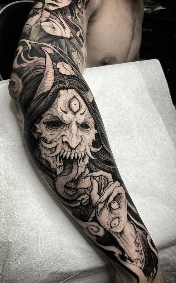 Oni Mask and Hand Sleeve Tattoo Design