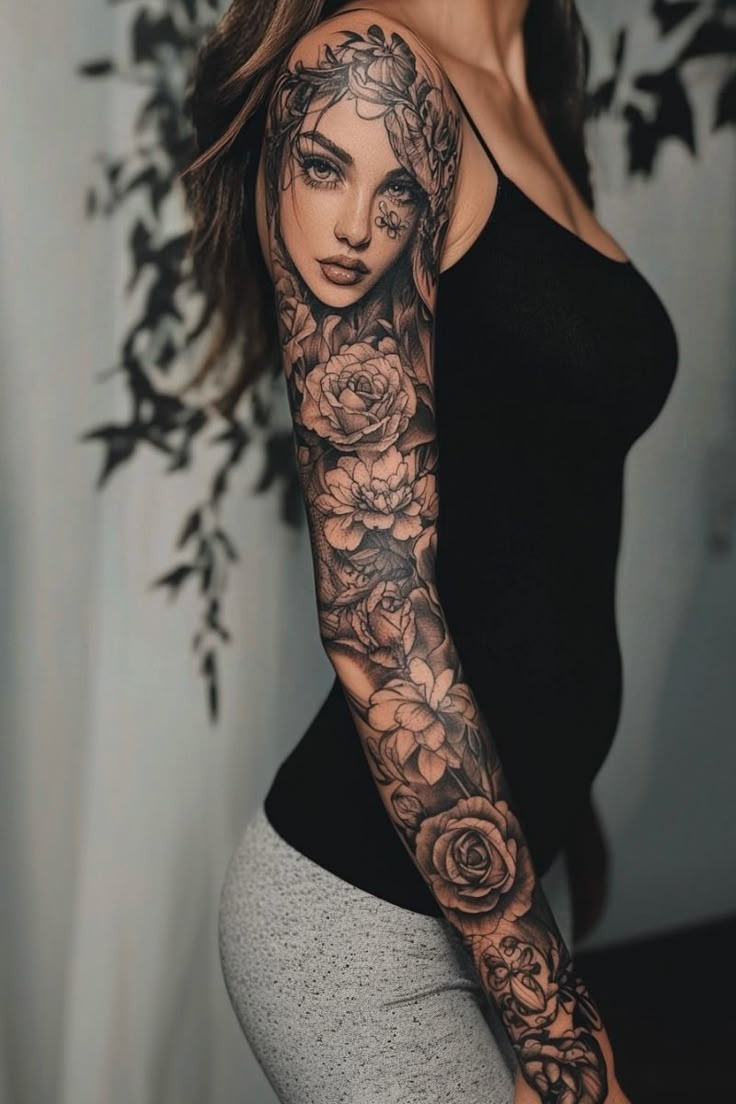 Portrait and Floral Black & Grey Sleeve Tattoo Design