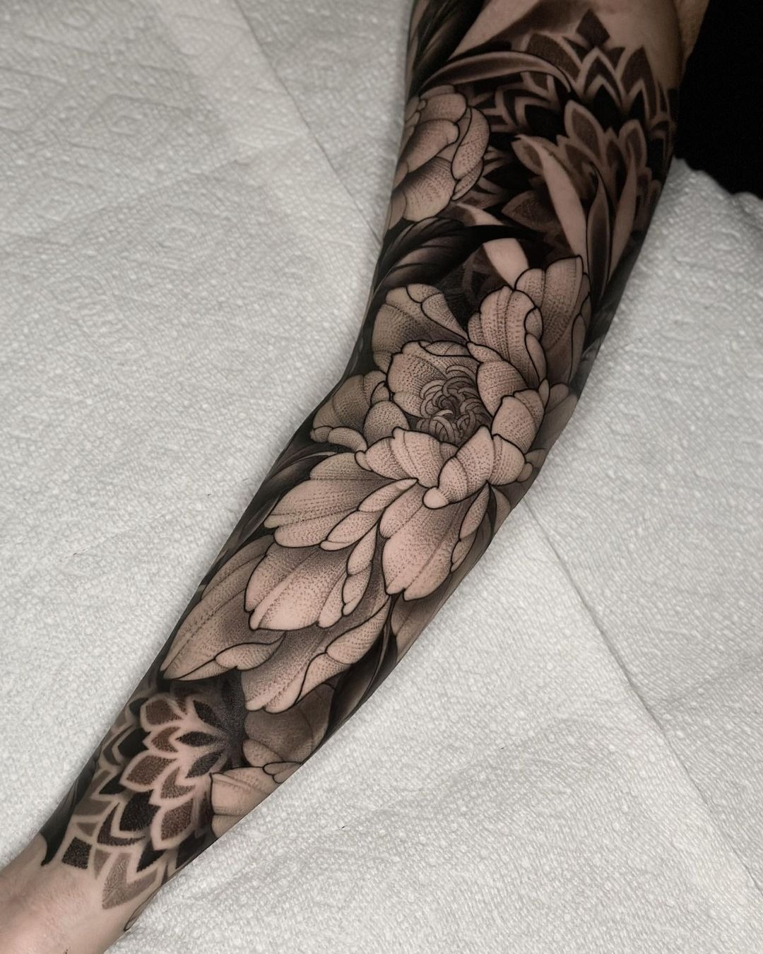 Soft Floral Dotwork Sleeve Tattoo Design