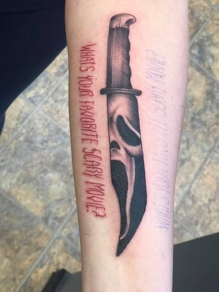 Blade with Ghostface and Bloody Quote Tattoo Design