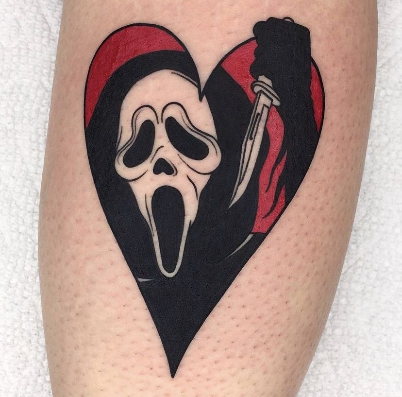 Bold Black and Red Ghostface Heart Tattoo Design