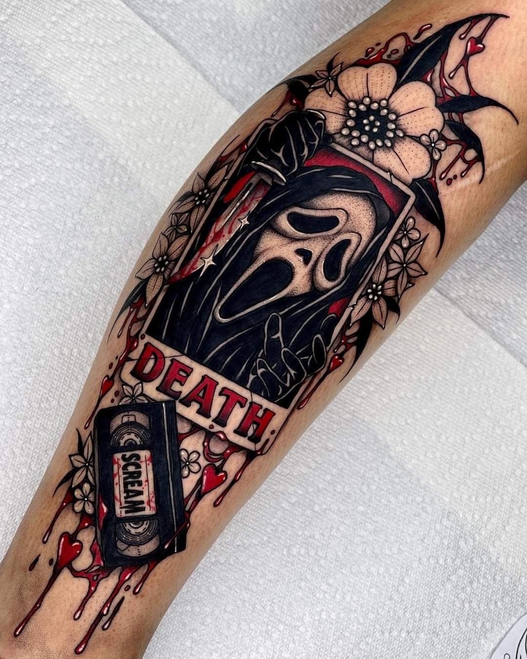 Ghostface Death Tarot with VHS Tape Tattoo Design