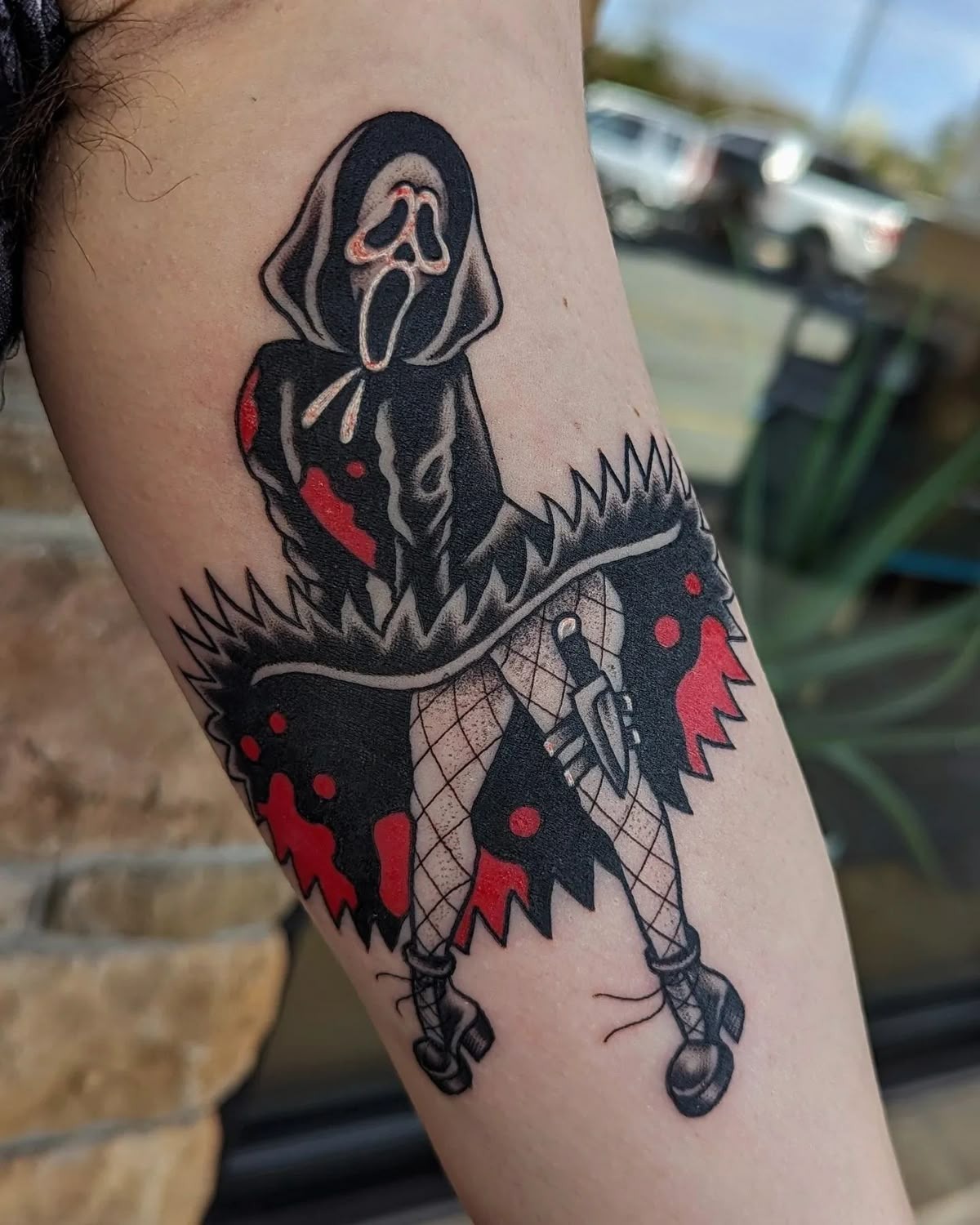 Ghostface in a Fishnet Miniskirt Tattoo Design