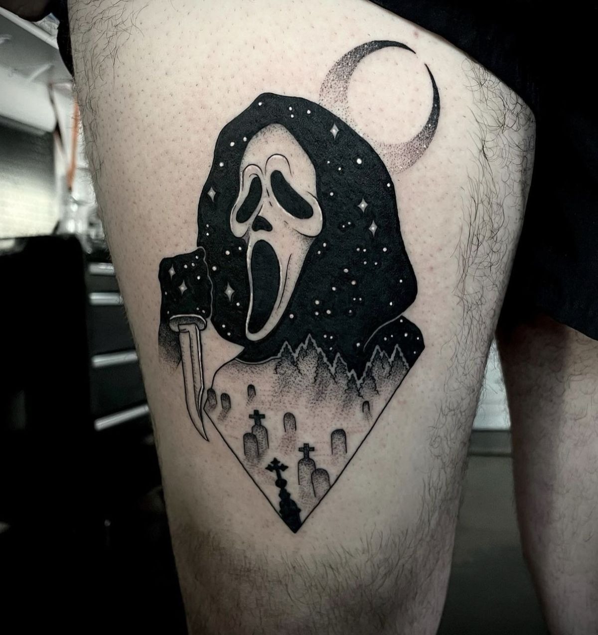 Graveyard Ghostface under the Moon Tattoo Design