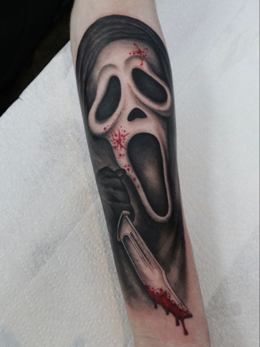 Realistic Ghostface Portrait with Bloody Knife Tattoo Design