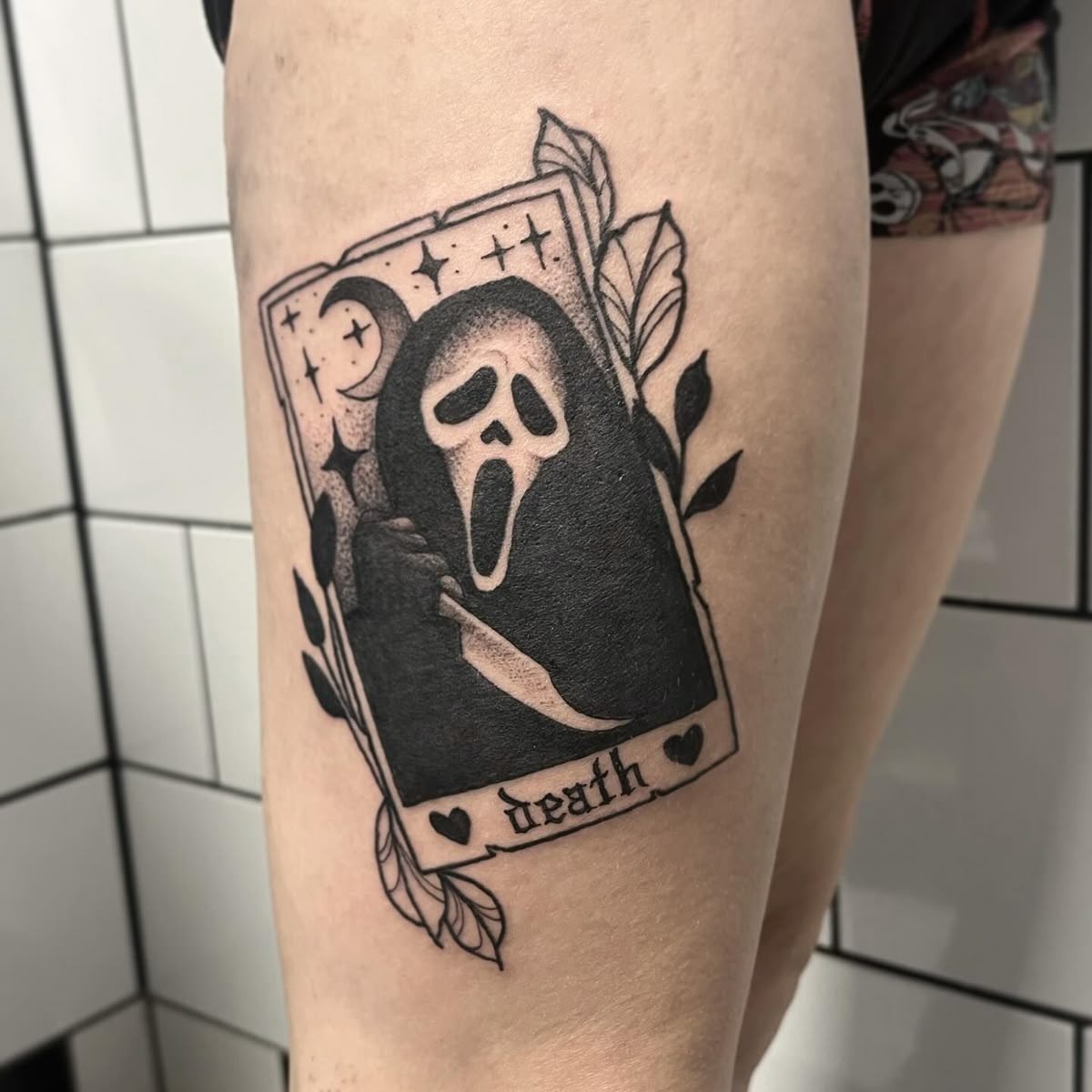 Tarot-Inspired Ghostface Death Card Tattoo Design