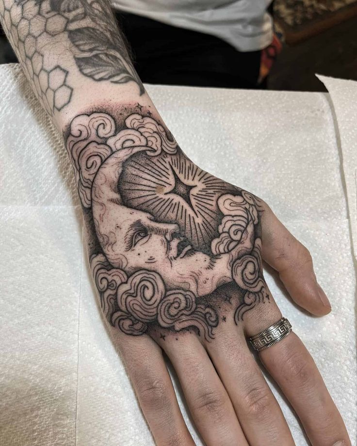 Moon Face Mystical Hand Tattoo Tattoo Design