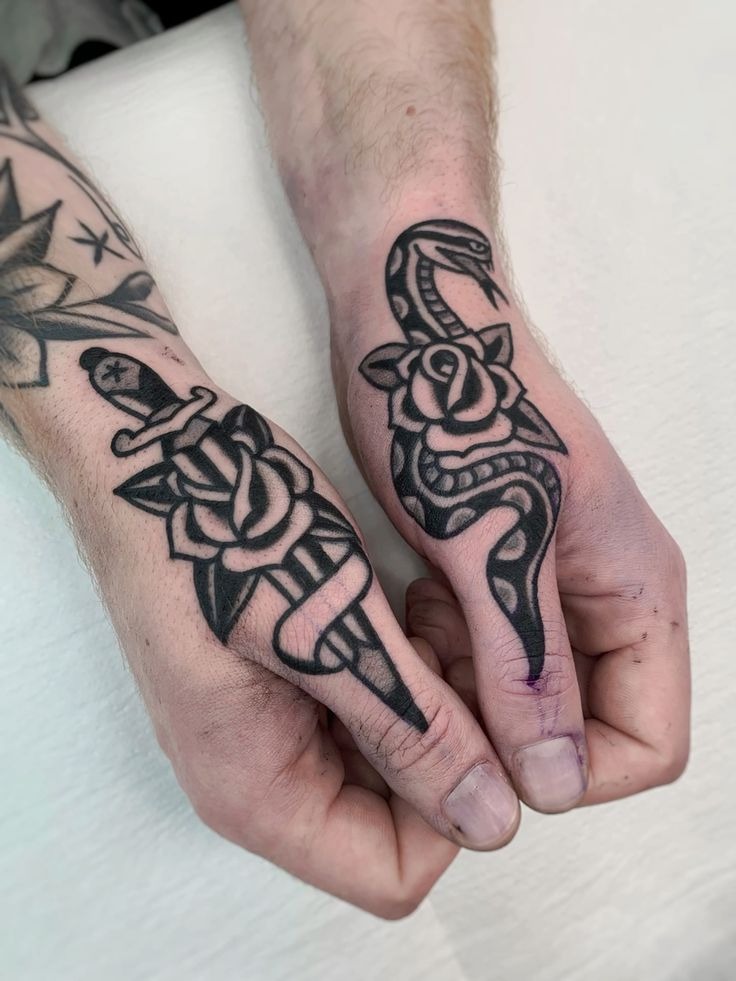 Snake and Rose Hand Tattoo Tattoo Design