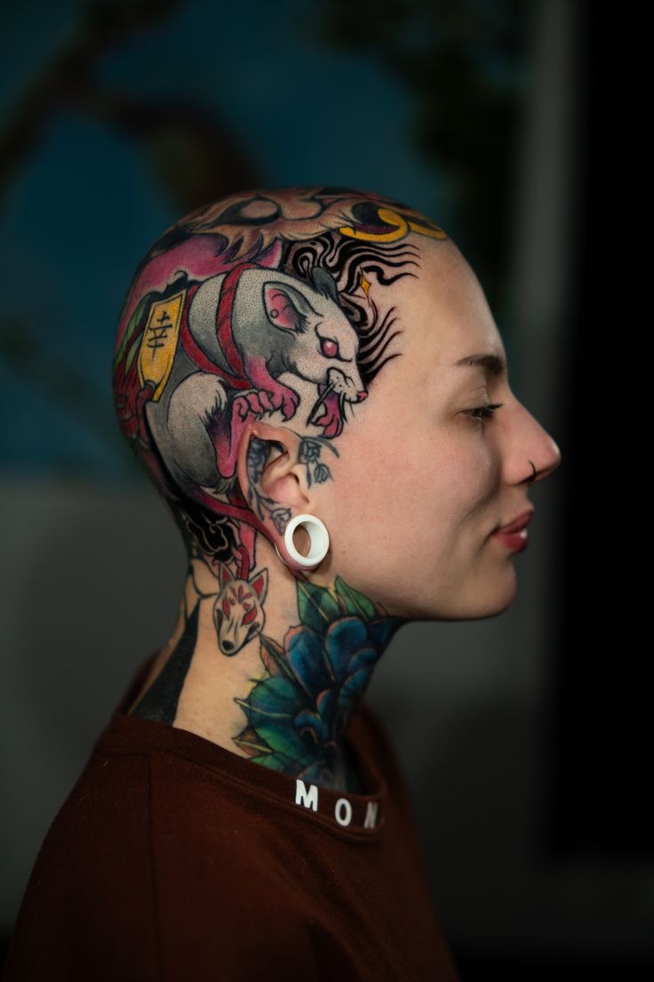 Compass and Floral Back of Head Tattoo Tattoo Design