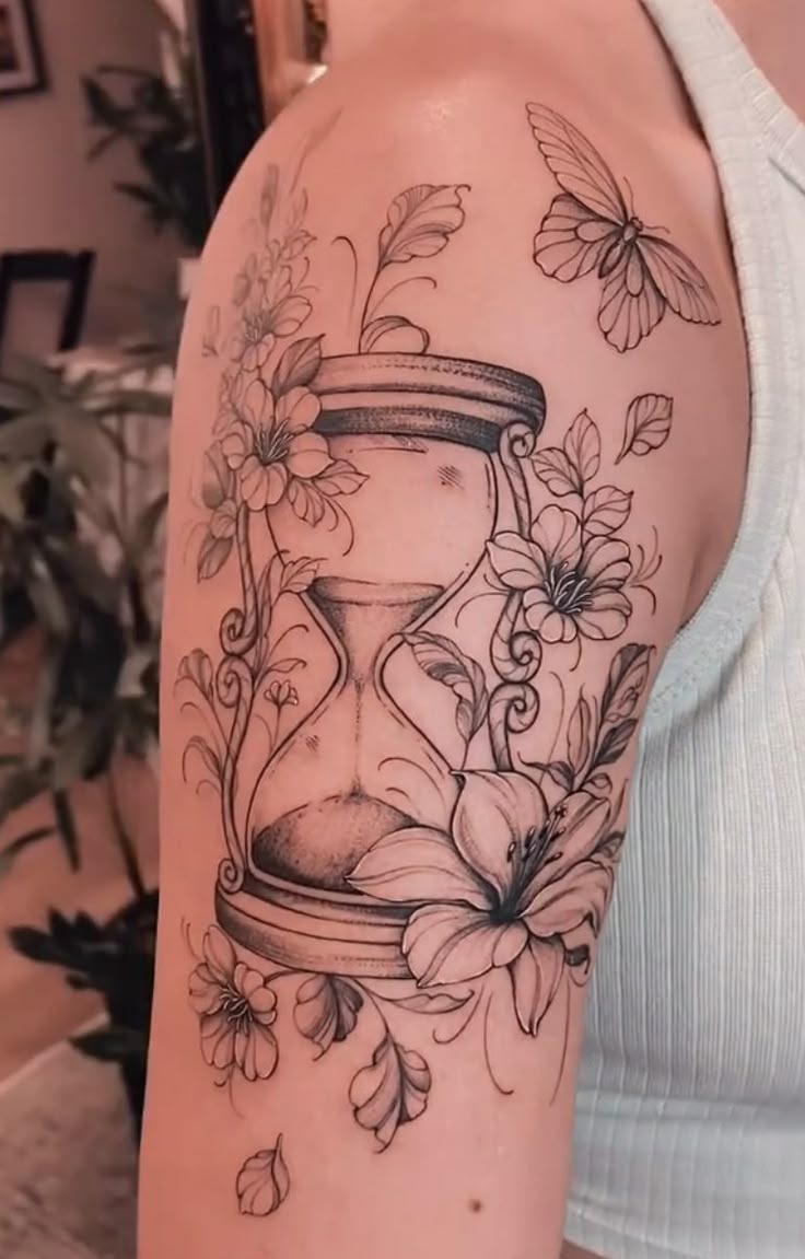 Bloom and Time Butterfly Hourglass Tattoo Design