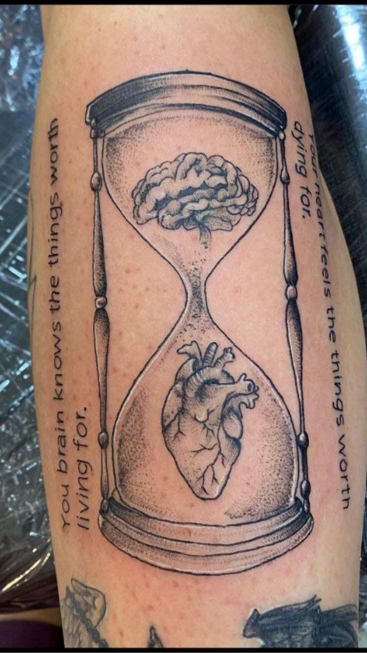 Brain and Heart Hourglass Quote Tattoo Design